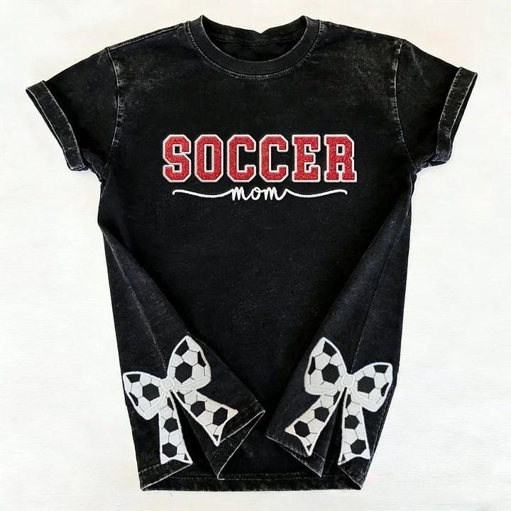 Soccer Mom Side Bow Glitter Embroidery Washed T-Shirt Soccer Mom Apparel