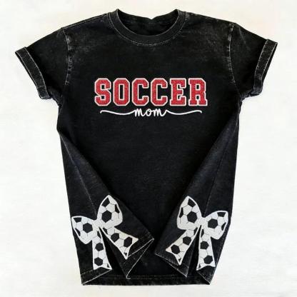 Soccer Mom Side Bow Glitter Embroidery Washed T-Shirt Soccer Mom Apparel