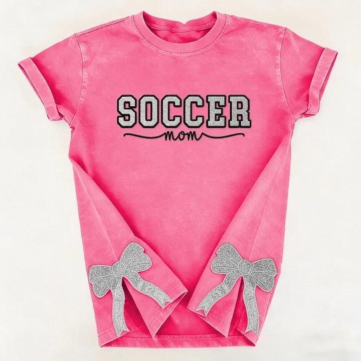 Soccer Mom Side Bow Glitter Embroidery Washed T-Shirt Soccer Mom Apparel