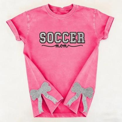 Soccer Mom Side Bow Glitter Embroidery Washed T-Shirt Soccer Mom Apparel
