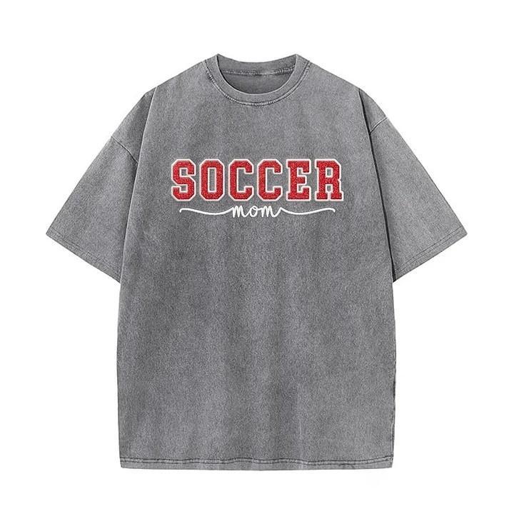 Soccer Mom Side Bow Glitter Embroidery Washed T-Shirt Soccer Mom Apparel