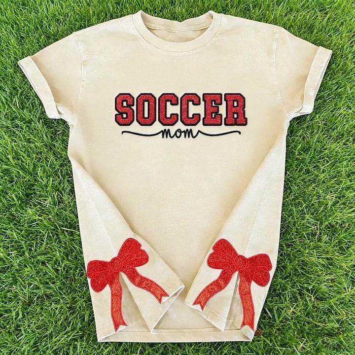 Soccer Mom Side Bow Glitter Embroidery Washed T-Shirt Soccer Mom Apparel