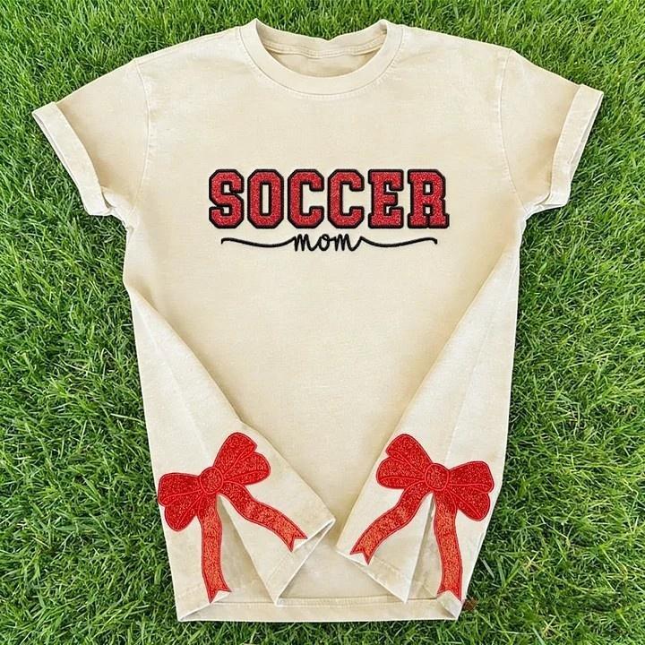 Soccer Mom Side Bow Glitter Embroidery Washed T-Shirt Soccer Mom Apparel
