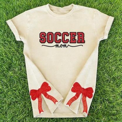 Soccer Mom Side Bow Glitter Embroidery Washed T-Shirt Soccer Mom Apparel