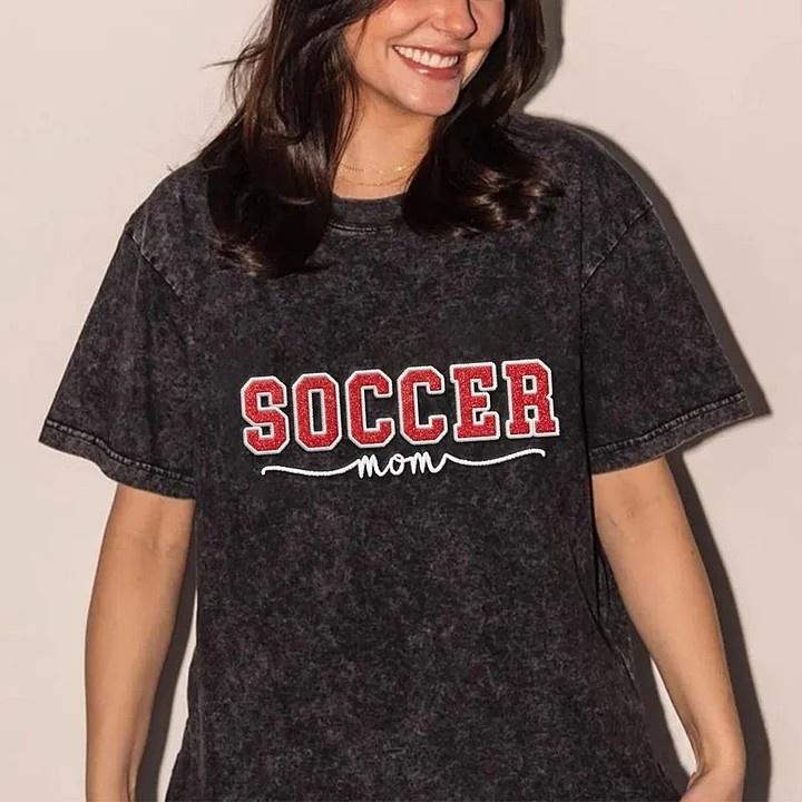 Soccer Mom Side Bow Glitter Embroidery Washed T-Shirt Soccer Mom Apparel