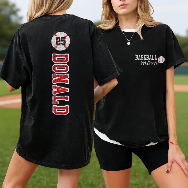 Baseball Mom Washed T-Shirt Glitter Embroidery Name or Team Name Shirt