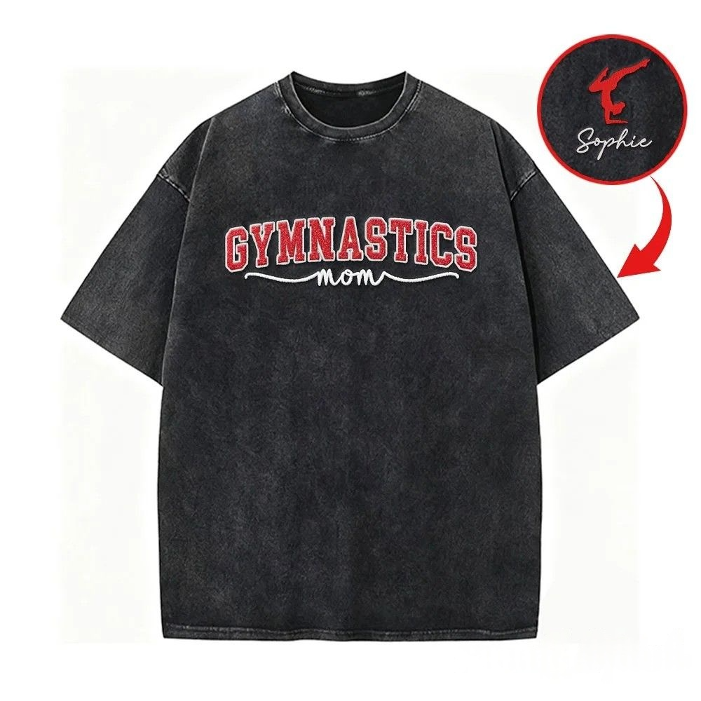 Gymnastics Mom Side Bow Glitter Embroidery Washed T-Shirt Gymnastic Mom Apparel