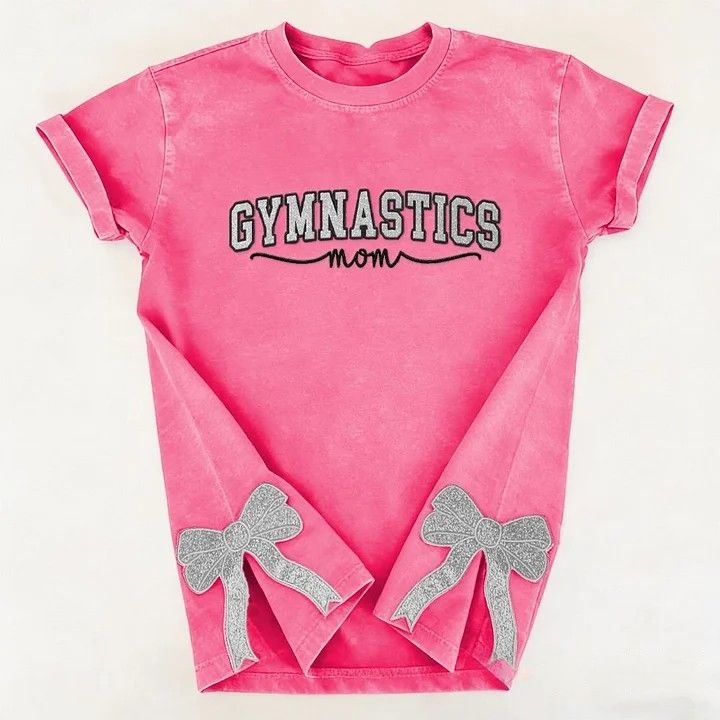 Gymnastics Mom Side Bow Glitter Embroidery Washed T-Shirt Gymnastic Mom Apparel
