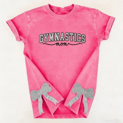 Gymnastics Mom Side Bow Glitter Embroidery Washed T-Shirt Gymnastic Mom Apparel