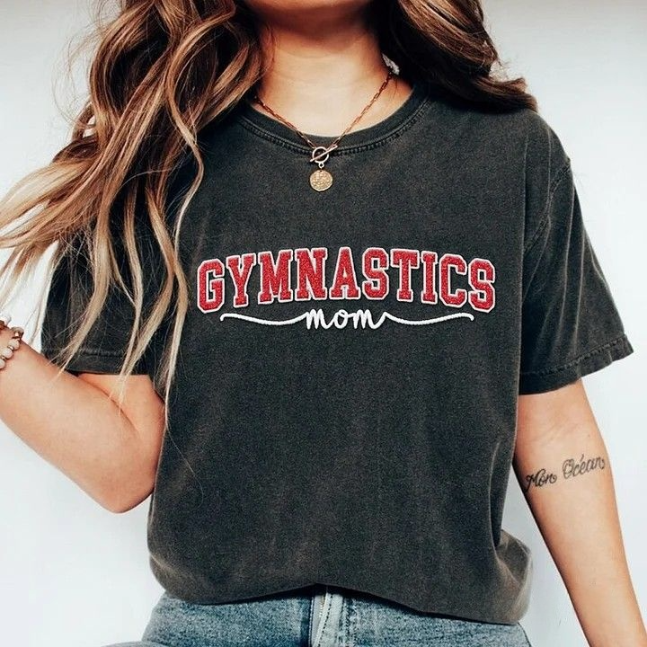 Gymnastics Mom Side Bow Glitter Embroidery Washed T-Shirt Gymnastic Mom Apparel