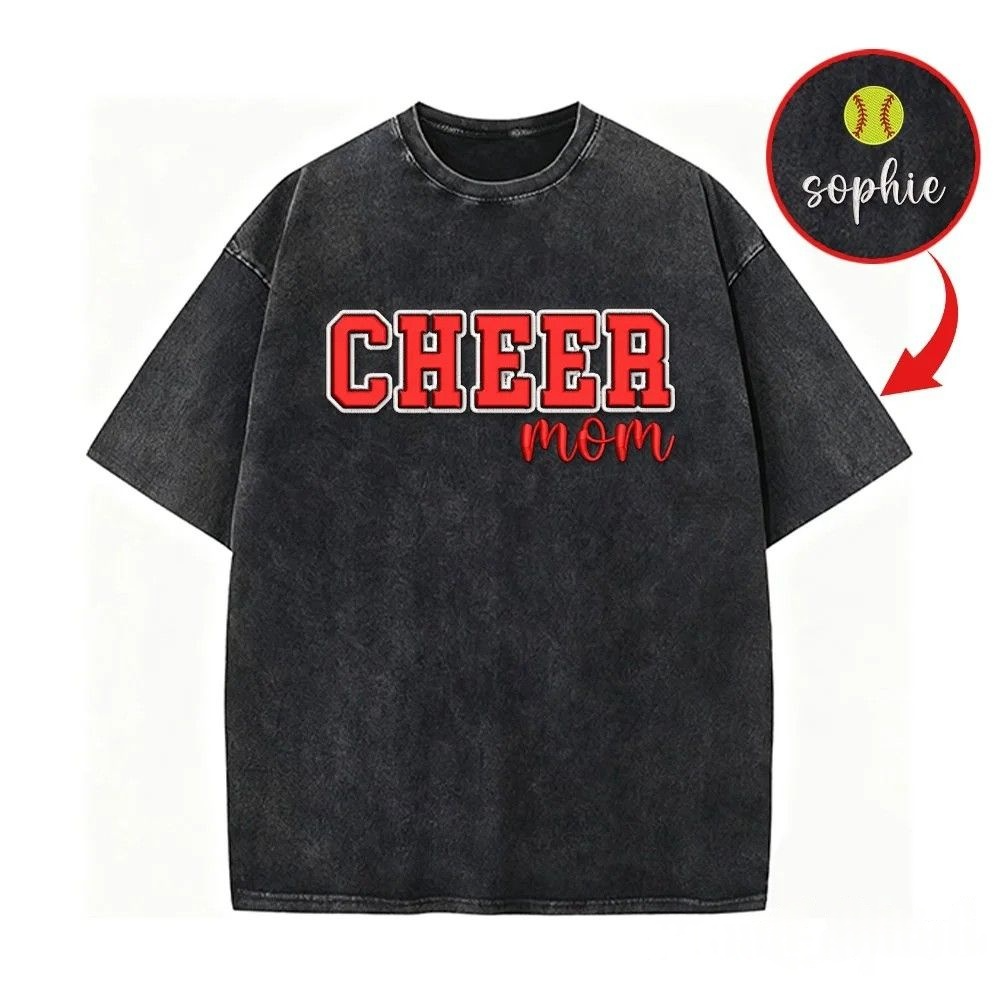Puff Embroidered Cheer Mom Washed T-Shirt with Sequin Side Bows