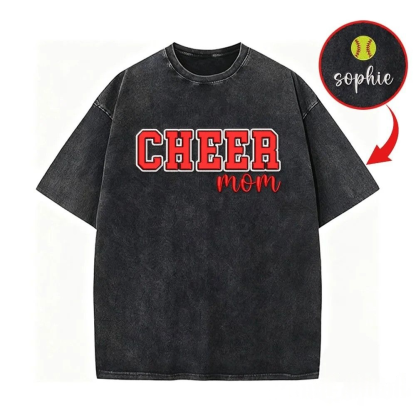 Puff Embroidered Cheer Mom Washed T-Shirt with Sequin Side Bows