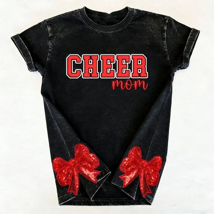 Puff Embroidered Cheer Mom Washed T-Shirt with Sequin Side Bows