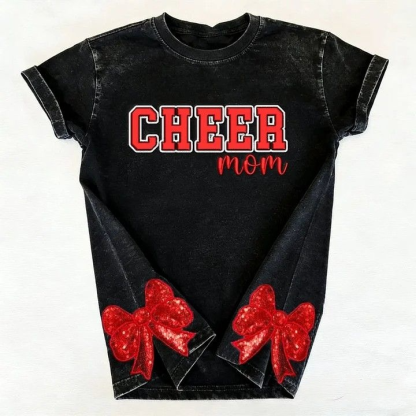 Puff Embroidered Cheer Mom Washed T-Shirt with Sequin Side Bows