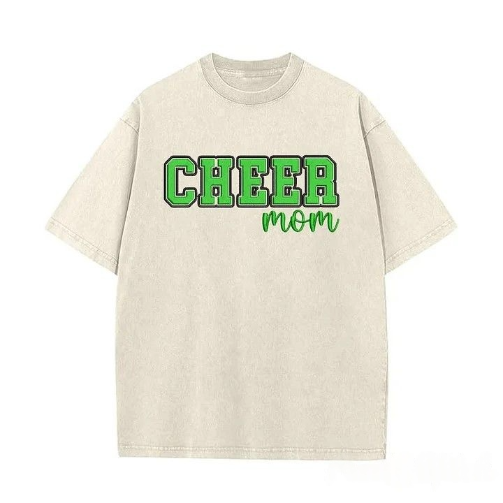 Puff Embroidered Cheer Mom Washed T-Shirt with Sequin Side Bows