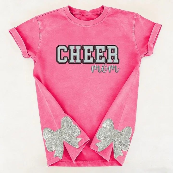Puff Embroidered Cheer Mom Washed T-Shirt with Sequin Side Bows