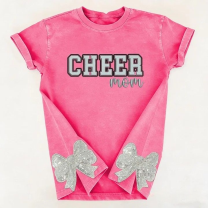 Puff Embroidered Cheer Mom Washed T-Shirt with Sequin Side Bows