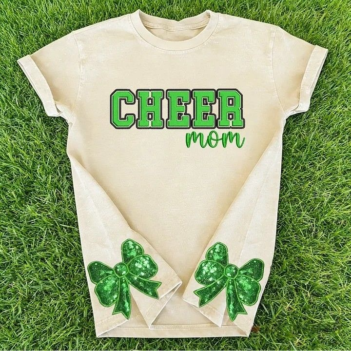 Puff Embroidered Cheer Mom Washed T-Shirt with Sequin Side Bows