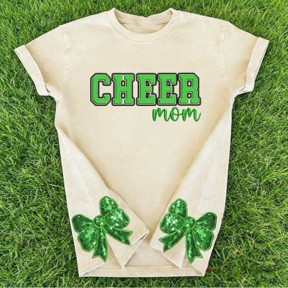 Puff Embroidered Cheer Mom Washed T-Shirt with Sequin Side Bows