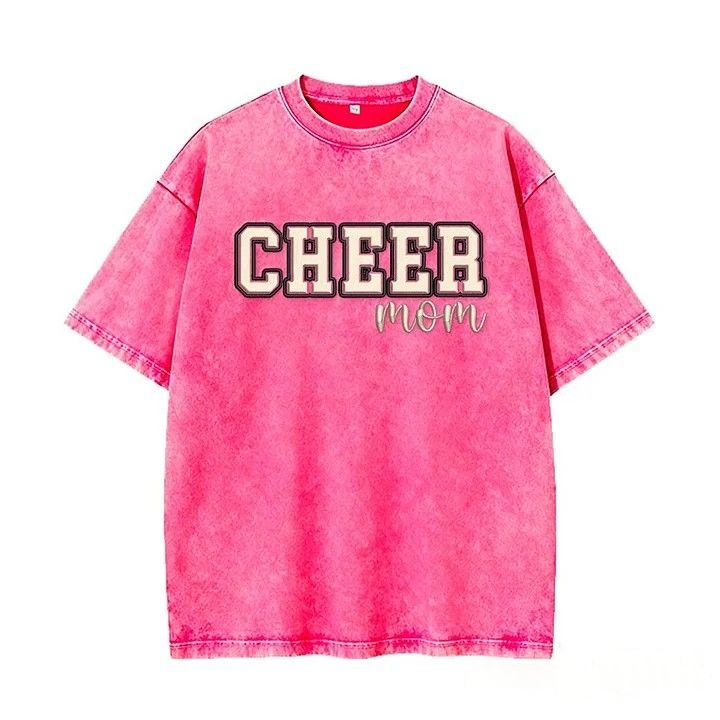 Puff Embroidered Cheer Mom Washed T-Shirt with Sequin Side Bows