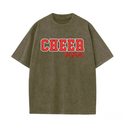 Puff Embroidered Cheer Mom Washed T-Shirt with Sequin Side Bows