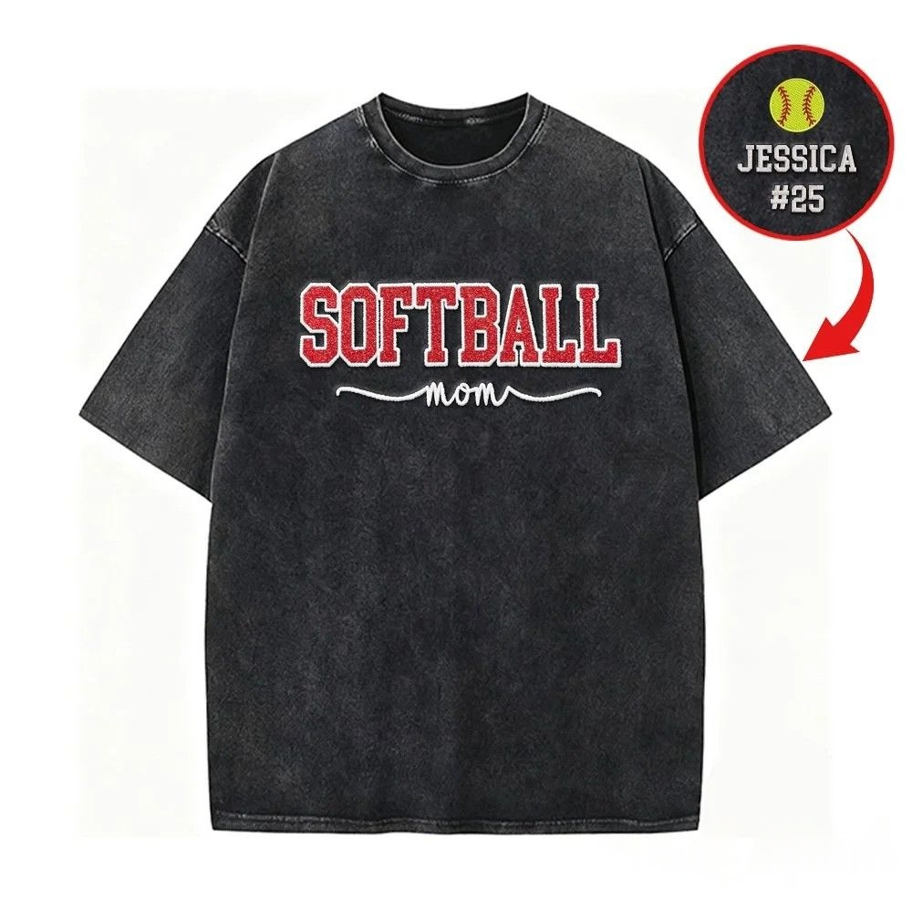 Softball Mom Dad Washed T-Shirt with Glitter Embroidered Side Bow Vintage Softball T-shirt