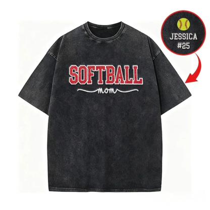 Softball Mom Dad Washed T-Shirt with Glitter Embroidered Side Bow Vintage Softball T-shirt