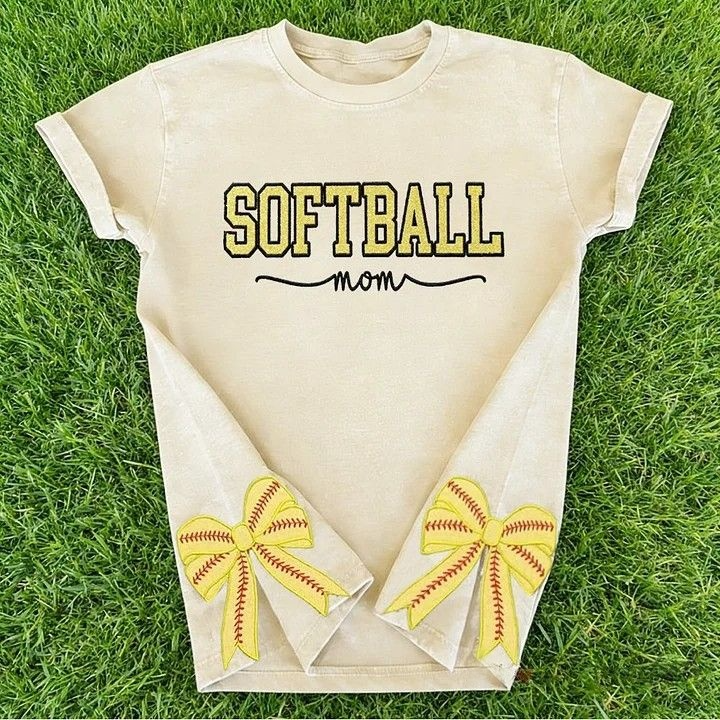 Softball Mom Dad Washed T-Shirt with Glitter Embroidered Side Bow Vintage Softball T-shirt