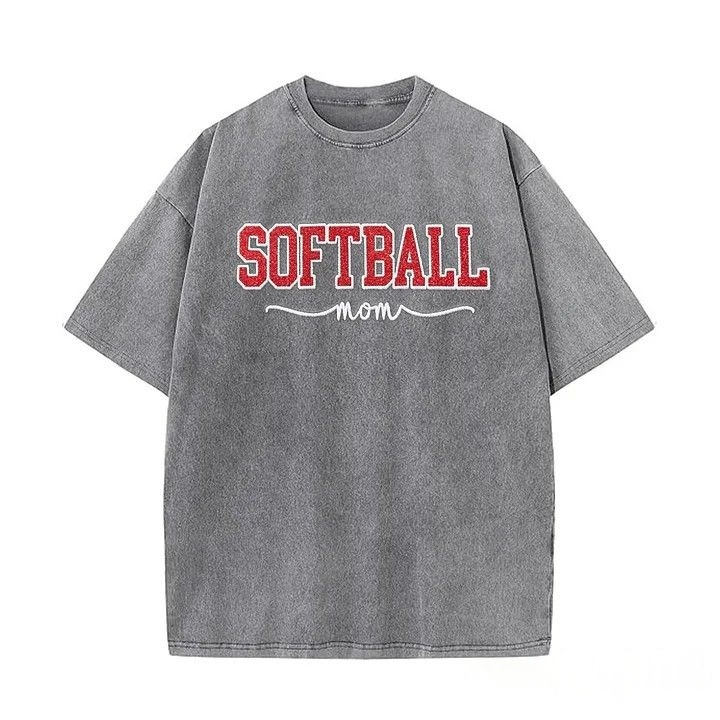 Softball Mom Dad Washed T-Shirt with Glitter Embroidered Side Bow Vintage Softball T-shirt