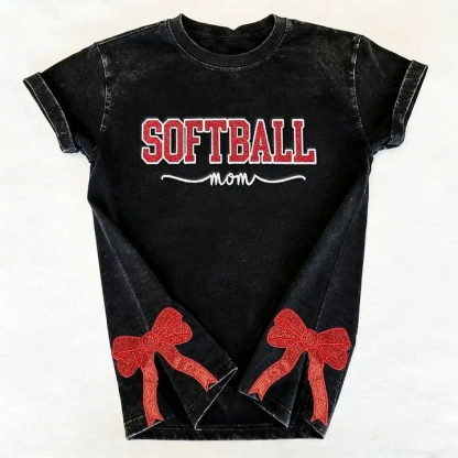 Softball Mom Dad Washed T-Shirt with Glitter Embroidered Side Bow Vintage Softball T-shirt