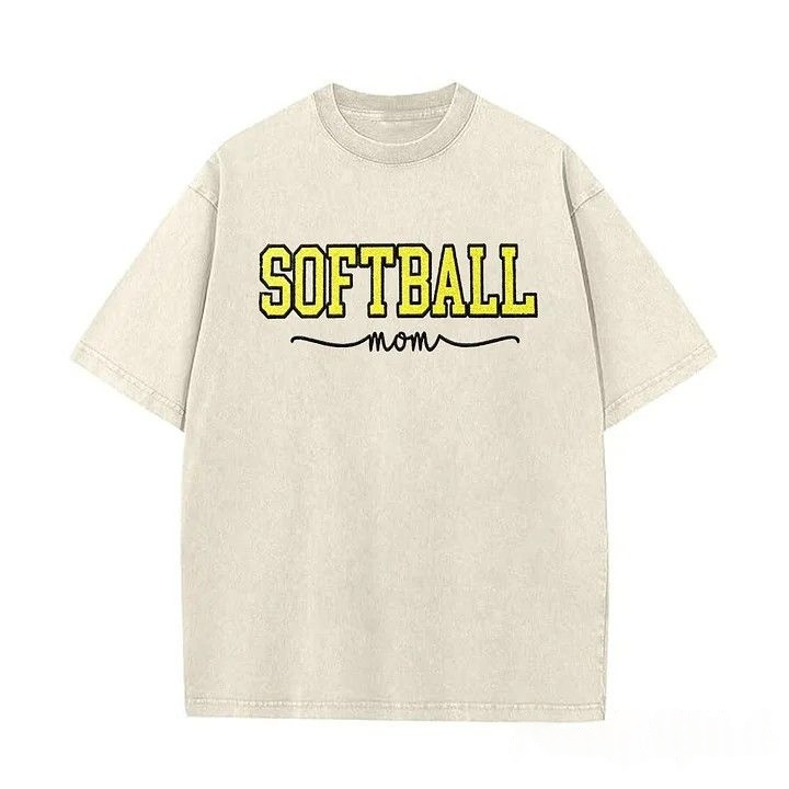 Softball Mom Dad Washed T-Shirt with Glitter Embroidered Side Bow Vintage Softball T-shirt