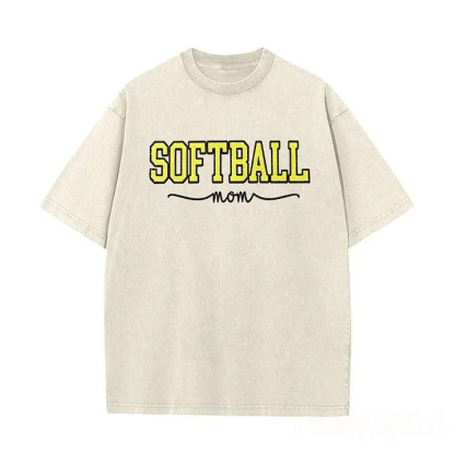 Softball Mom Dad Washed T-Shirt with Glitter Embroidered Side Bow Vintage Softball T-shirt