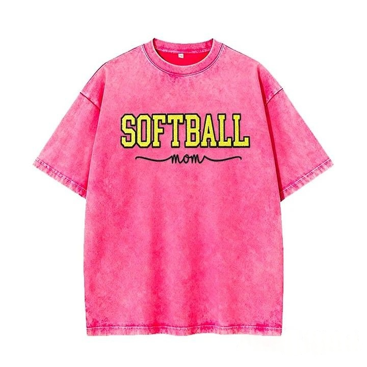 Softball Mom Dad Washed T-Shirt with Glitter Embroidered Side Bow Vintage Softball T-shirt
