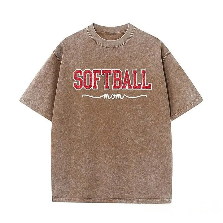 Softball Mom Dad Washed T-Shirt with Glitter Embroidered Side Bow Vintage Softball T-shirt