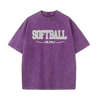 Softball Mom Dad Washed T-Shirt with Glitter Embroidered Side Bow Vintage Softball T-shirt