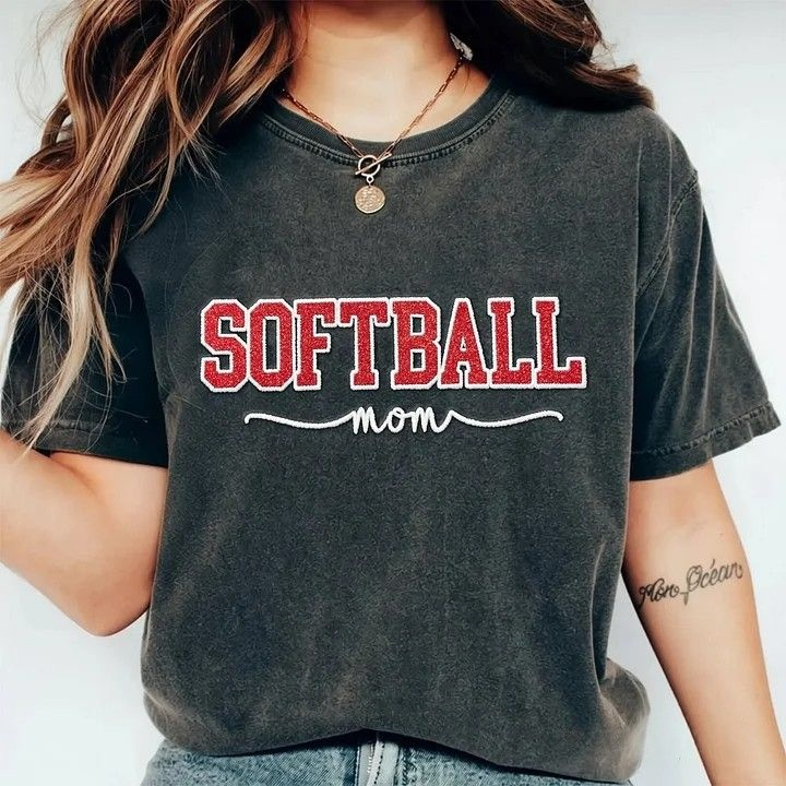 Softball Mom Dad Washed T-Shirt with Glitter Embroidered Side Bow Vintage Softball T-shirt