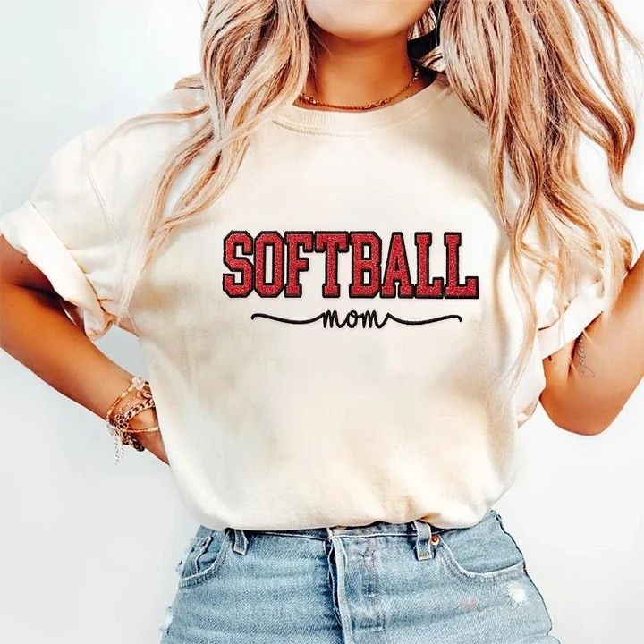 Softball Mom Dad Washed T-Shirt with Glitter Embroidered Side Bow Vintage Softball T-shirt