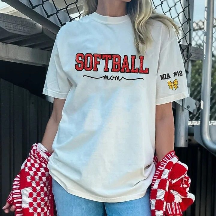 Softball Mom Dad Washed T-Shirt with Glitter Embroidered Side Bow Vintage Softball T-shirt