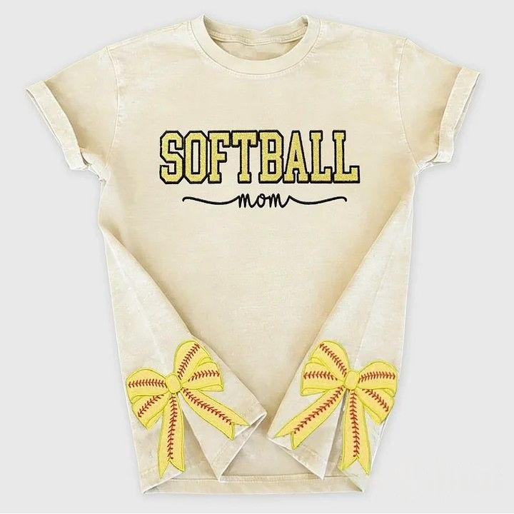 Softball Mom Dad Washed T-Shirt with Glitter Embroidered Side Bow Vintage Softball T-shirt