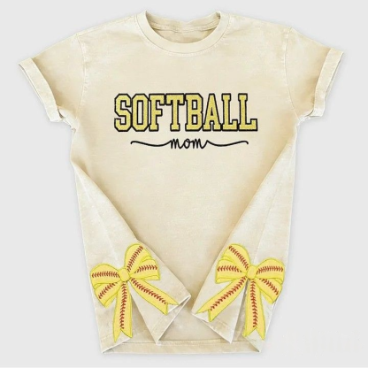 Softball Mom Dad Washed T-Shirt with Glitter Embroidered Side Bow Vintage Softball T-shirt