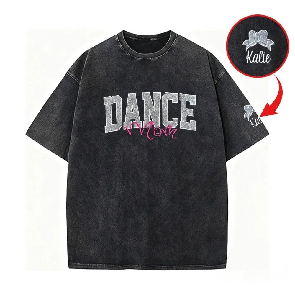 Personalized Custom Glitter Embroidered Dance Mom Washed T-Shirt