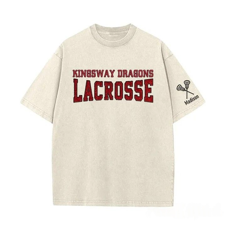 Custom Glitter Embroidered Lacrosse Washed T-shirt with School Name Team Spirit Shirt