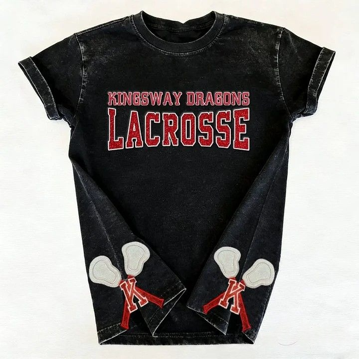 Custom Glitter Embroidered Lacrosse Washed T-shirt with School Name Team Spirit Shirt