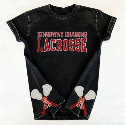Custom Glitter Embroidered Lacrosse Washed T-shirt with School Name Team Spirit Shirt
