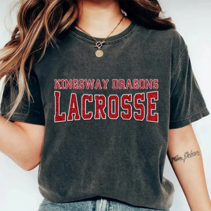 Custom Glitter Embroidered Lacrosse Washed T-shirt with School Name Team Spirit Shirt