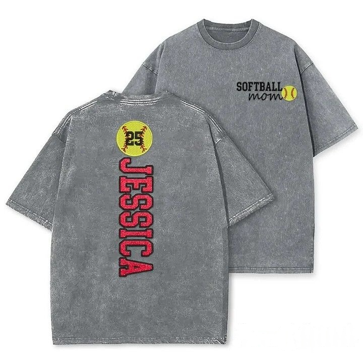 Softball Mom Washed T-Shirt Glitter Embroidery Name or Team Name Shirt