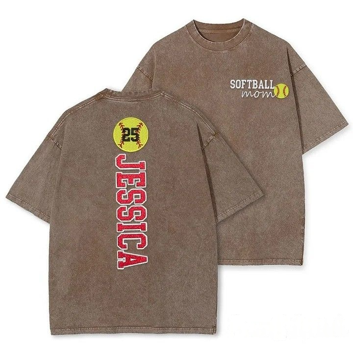 Softball Mom Washed T-Shirt Glitter Embroidery Name or Team Name Shirt