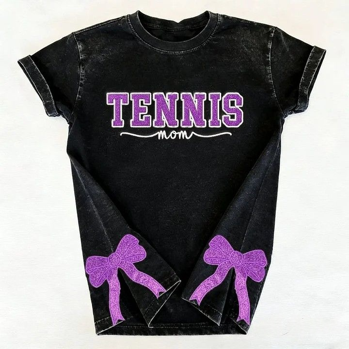 Embroidered Tennis Mom Dad Washed T-Shirt with Glitter Side Bow Vintage T-shirt