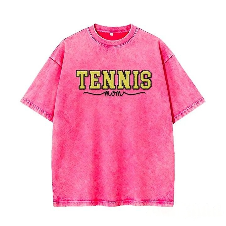 Embroidered Tennis Mom Dad Washed T-Shirt with Glitter Side Bow Vintage T-shirt