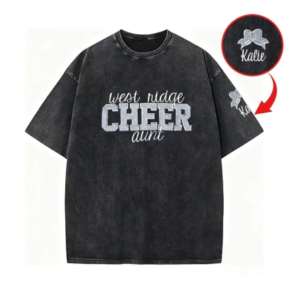Personalized Custom Glitter Embroidered Cheer Mom Washed T-Shirt